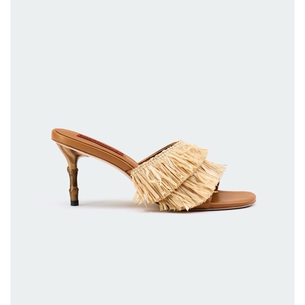Simon Miller Tan Leather Raffia Fringe Slide Mules